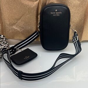 kate spade black pebble leather belt bag with striped strap